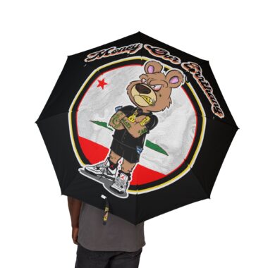 Foldable Umbrella — Cartoon Bear with Flag Design, Compact Semi-Automatic Travel Umbrella